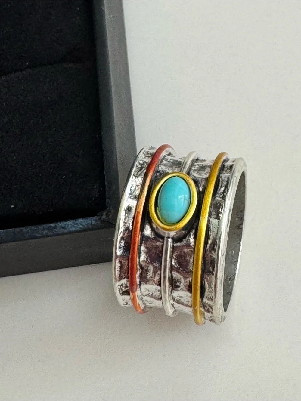 Turquoise Accent Wide Silver Band Ring with Colorful Wire Detailing